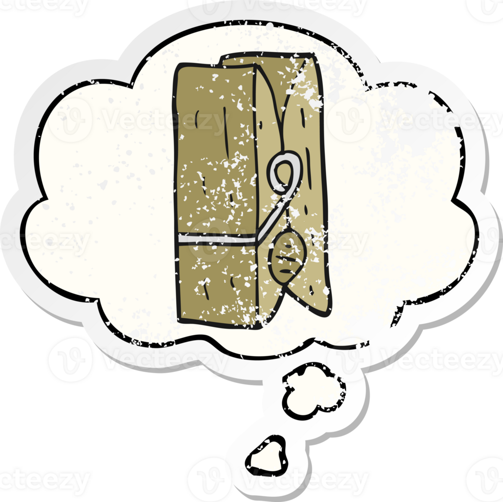 cartoon peg with thought bubble as a distressed worn sticker png