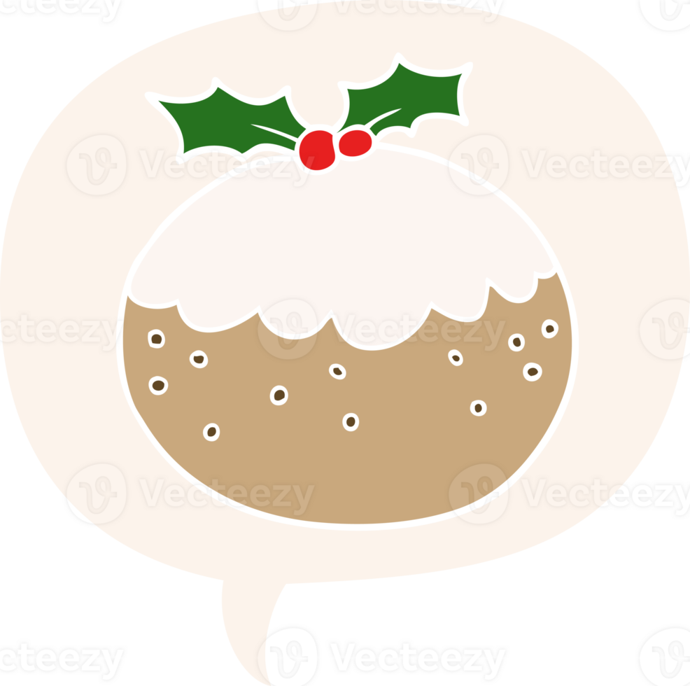 cartoon christmas pudding with speech bubble in retro style png