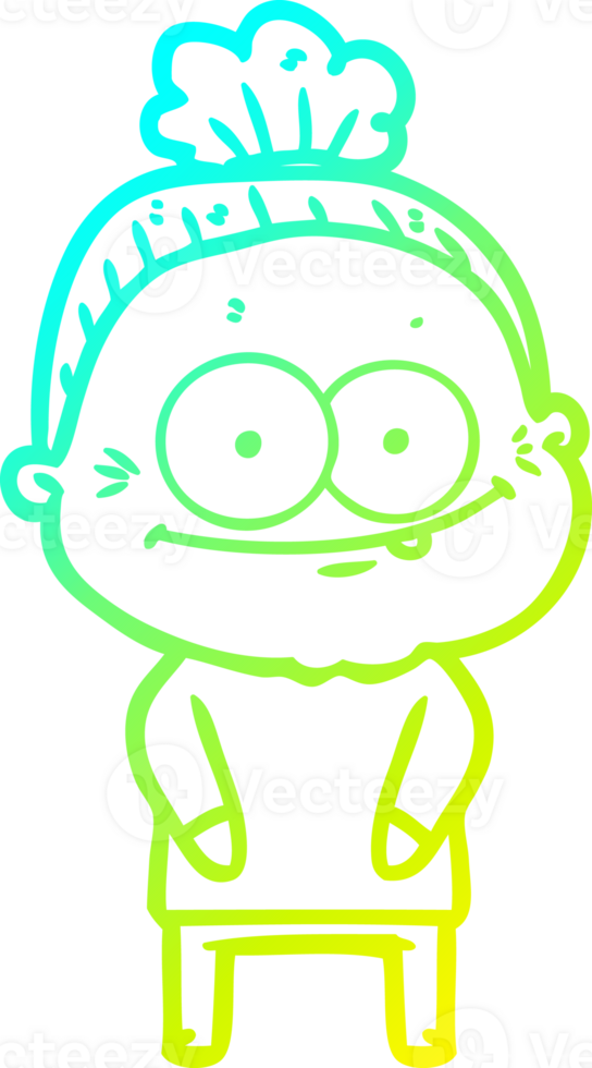 cold gradient line drawing of a cartoon happy old woman png