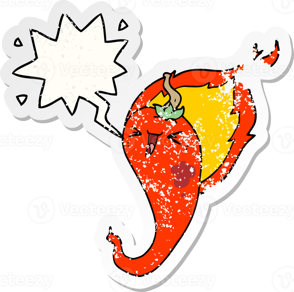 cartoon flaming hot chili pepper with speech bubble distressed distressed old sticker png