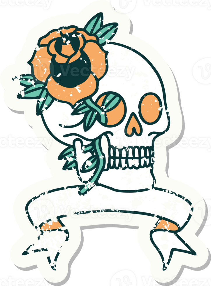worn old sticker with banner of a skull and rose png
