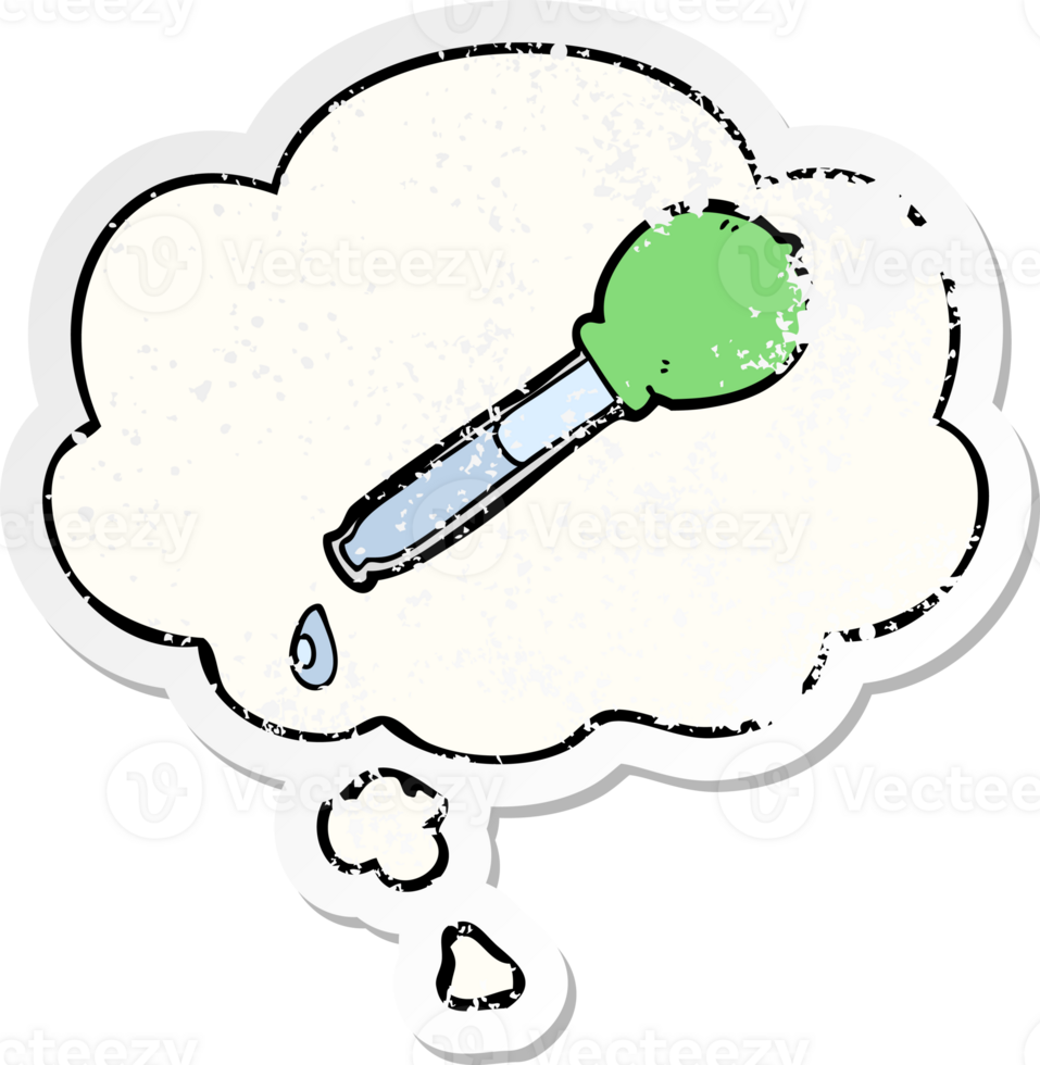 cartoon pipette with thought bubble as a distressed worn sticker png