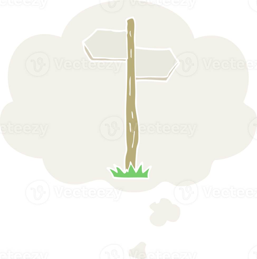 cartoon old direction sign with thought bubble in retro style png