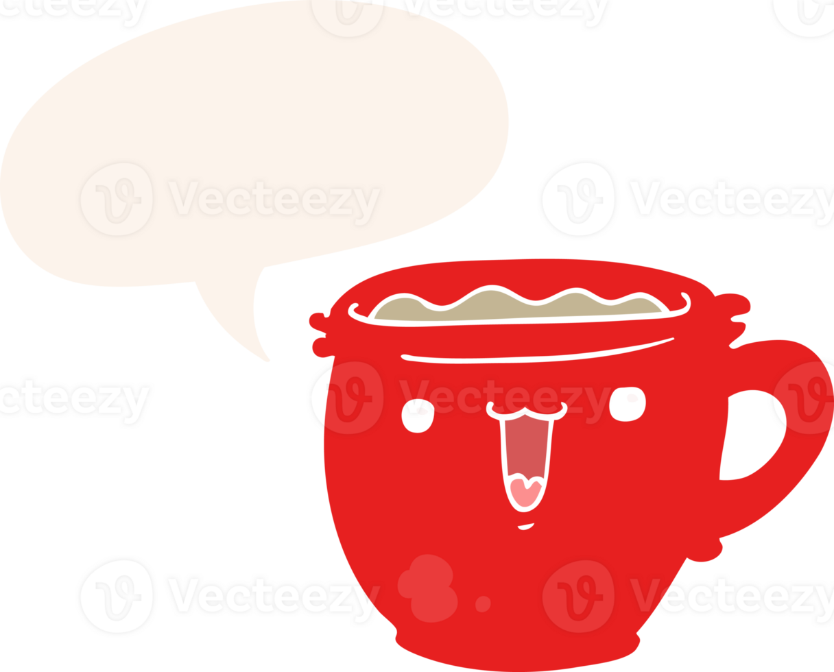 cute cartoon coffee cup with speech bubble in retro style png