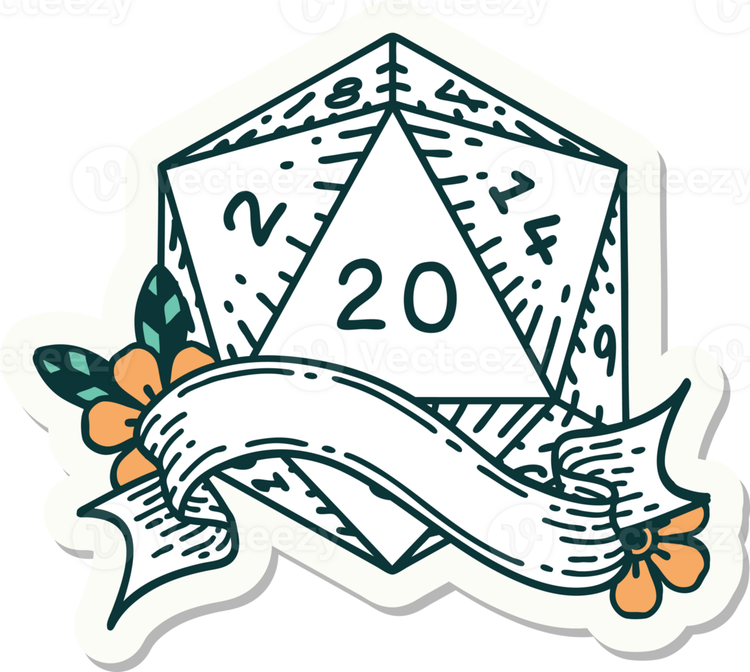 sticker of a natural twenty D20 dice roll png