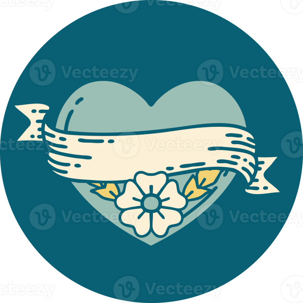 iconic tattoo style image of a heart and banner with flowers png