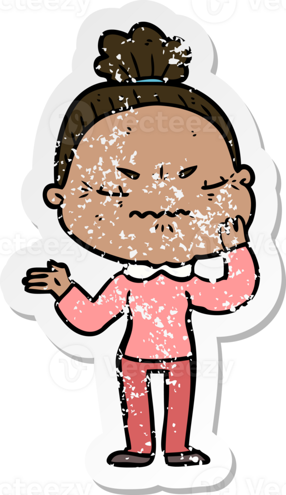 distressed sticker of a cartoon annoyed old lady png