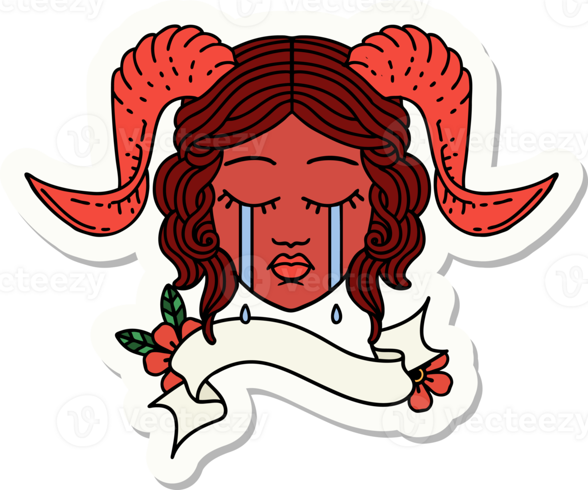 sticker of a crying tiefling character face with scroll banner png