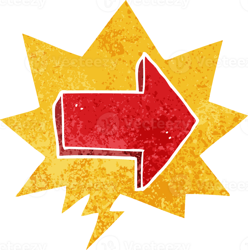 cartoon pointing arrow with speech bubble in grunge distressed retro textured style png