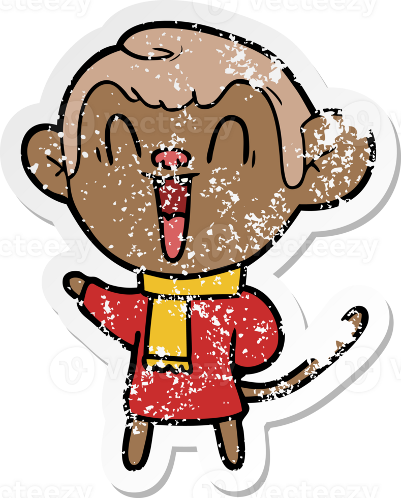 distressed sticker of a cartoon laughing monkey png