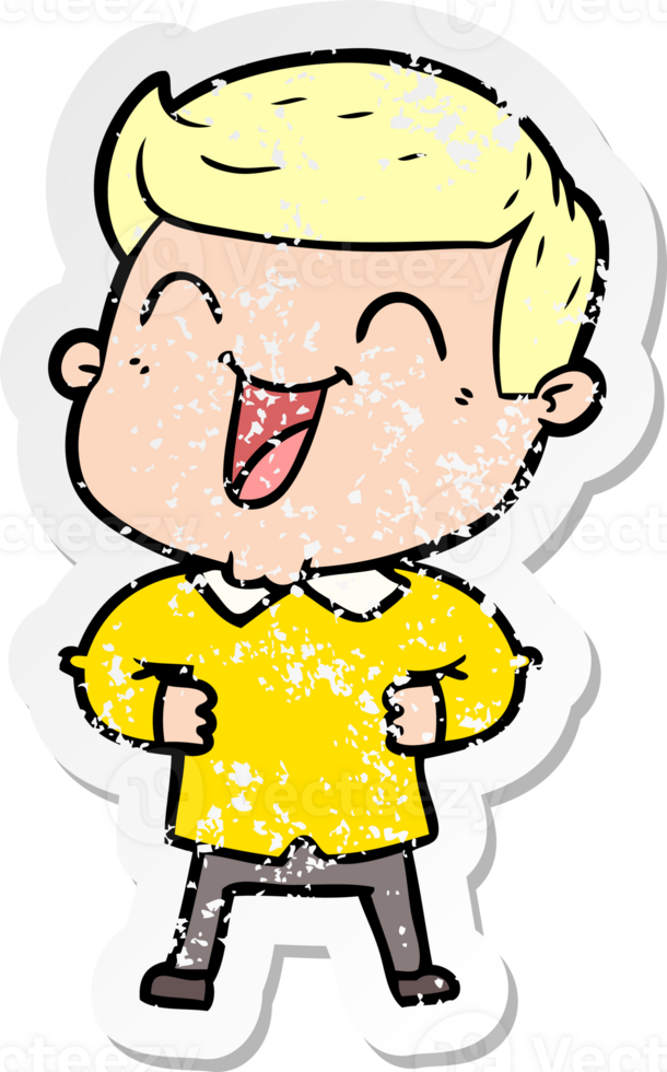 distressed sticker of a cartoon man laughing png