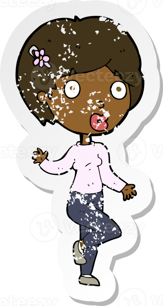 retro distressed sticker of a cartoon surprised woman png