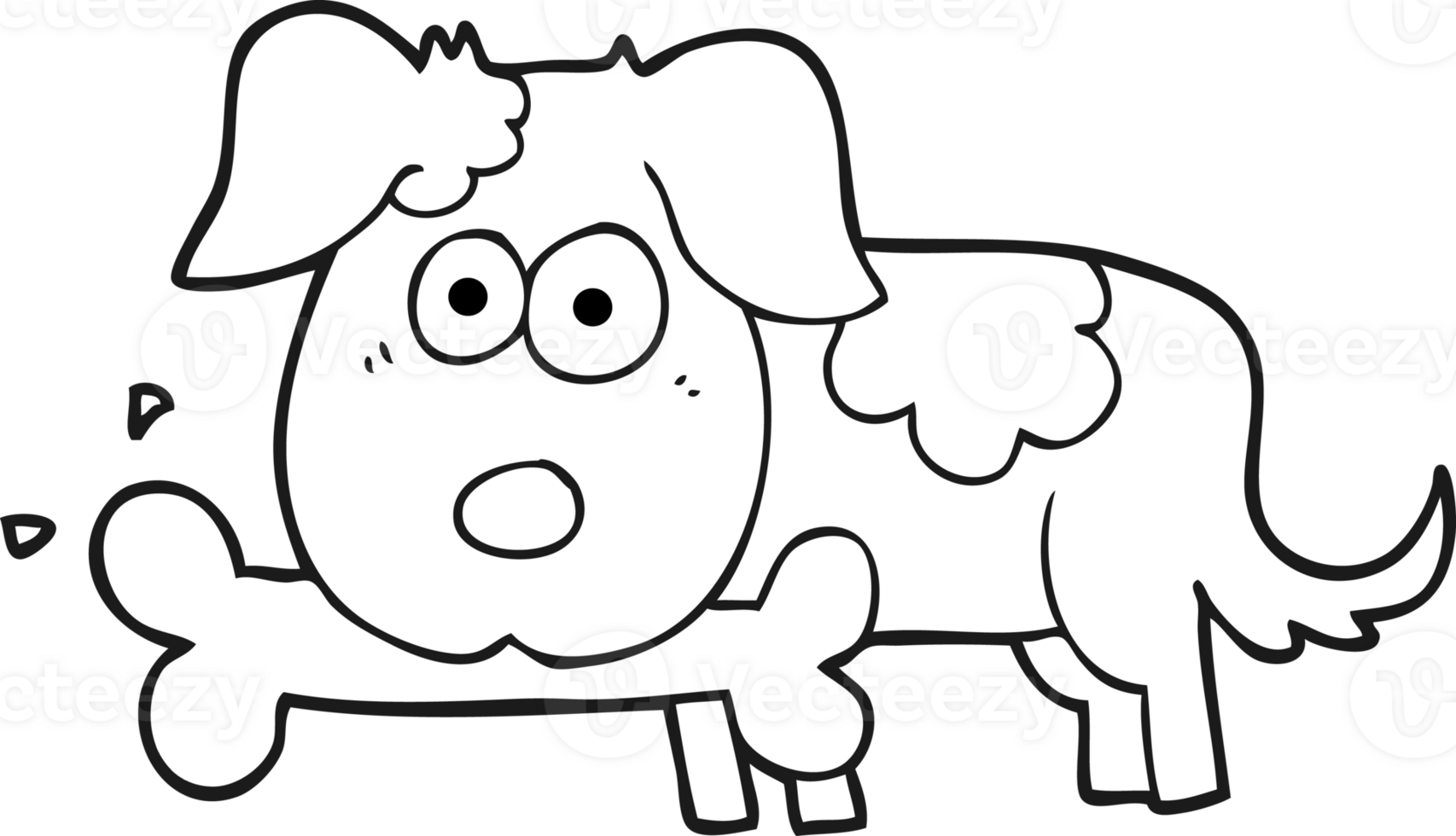 drawn black and white cartoon dog with bone png