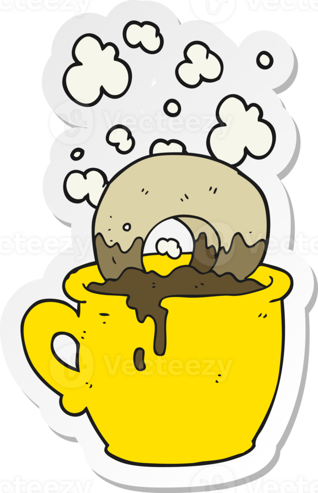 sticker of a cartoon donut dunked in coffee png
