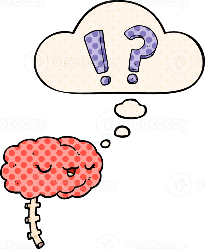 cartoon curious brain with thought bubble in comic book style png