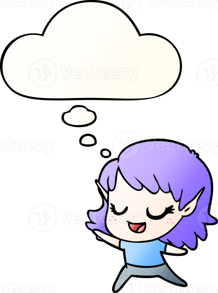 carton happy elf girl dancing with thought bubble in smooth gradient style png
