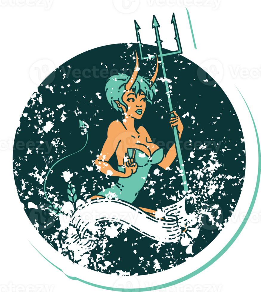 iconic distressed sticker tattoo style image of a pinup devil girl with banner png