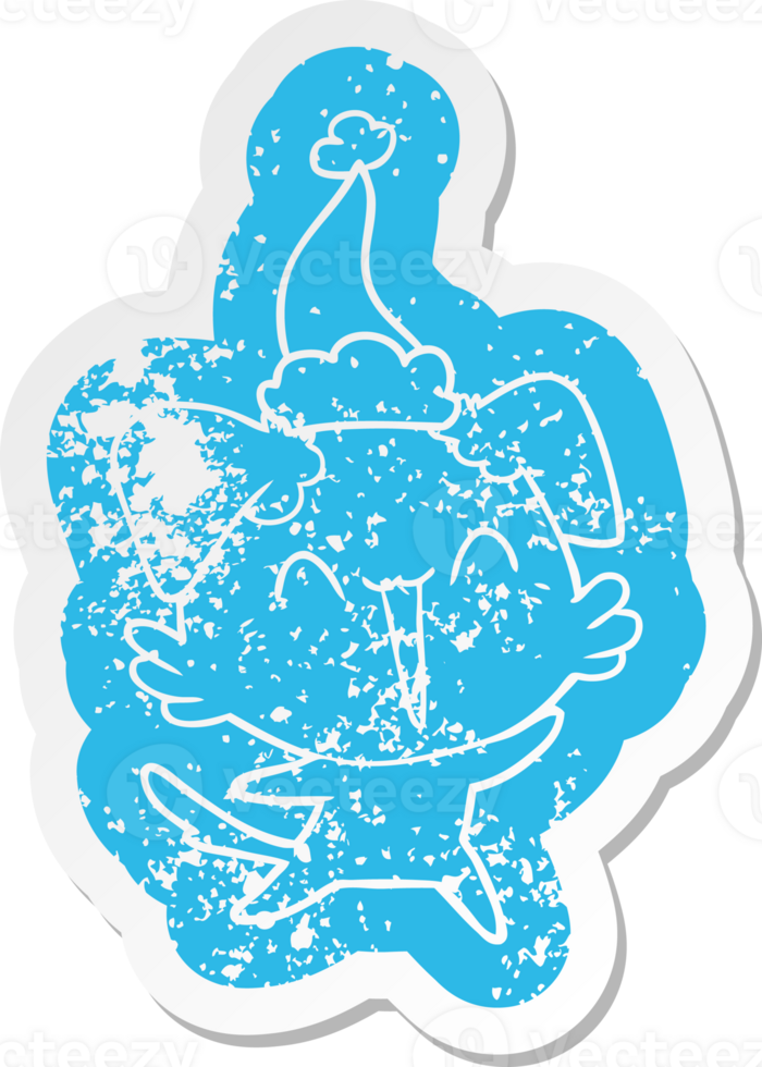 happy little dog quirky cartoon distressed sticker of a wearing santa hat png