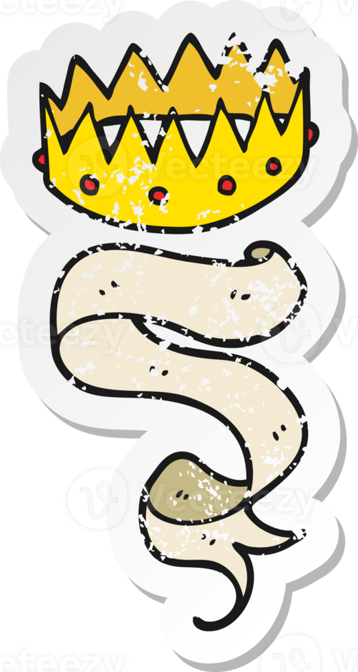 retro distressed sticker of a cartoon crown and scroll png