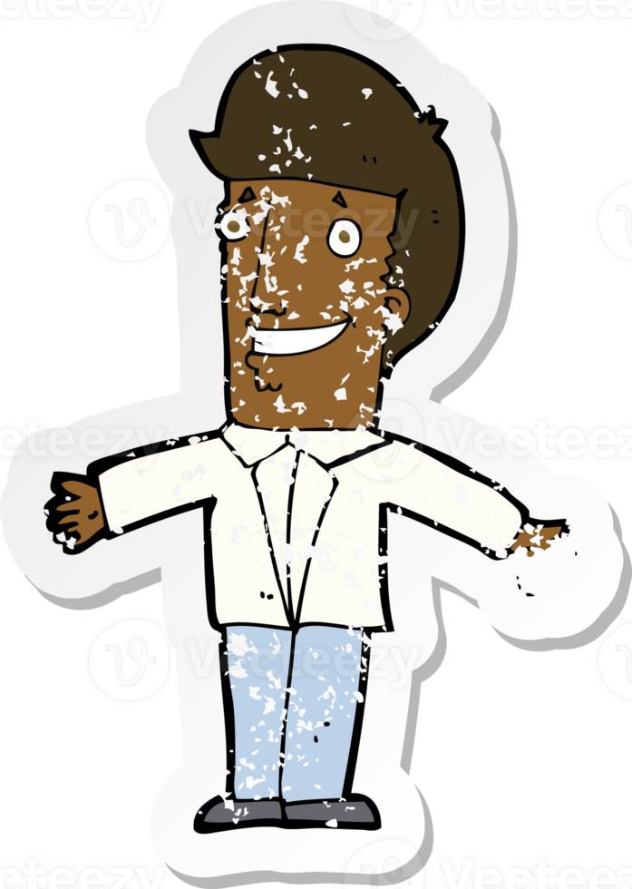retro distressed sticker of a cartoon grining man with open arms png