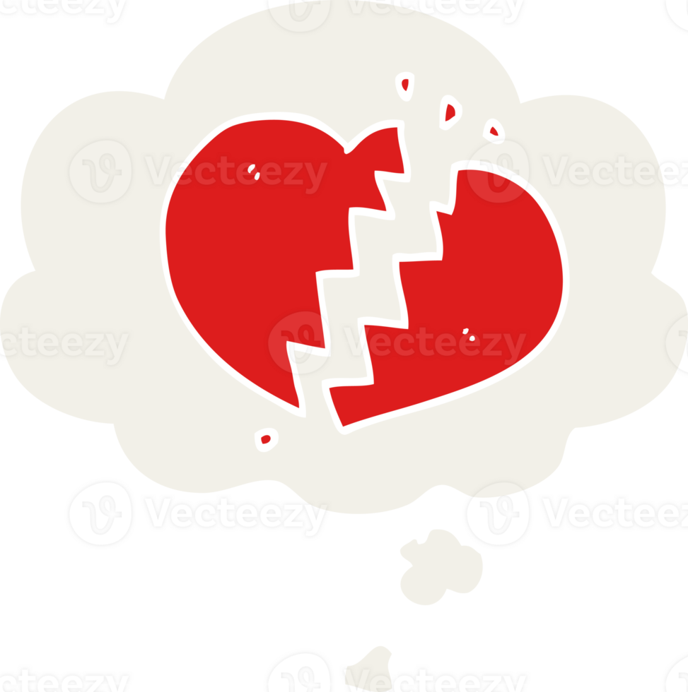 cartoon broken heart with thought bubble in retro style png