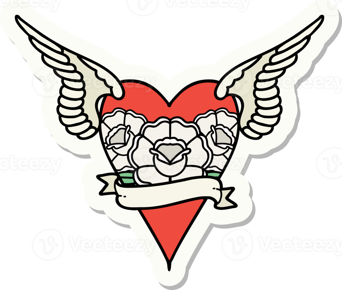 sticker of tattoo in traditional style of a flying heart with flowers and banner png