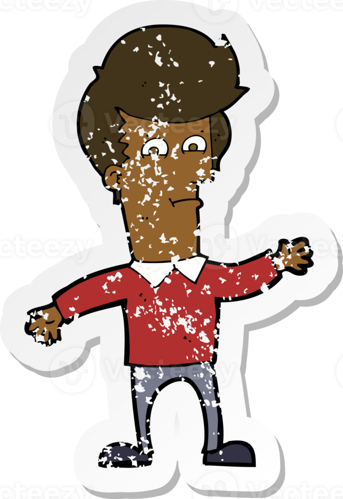 retro distressed sticker of a cartoon waving man png
