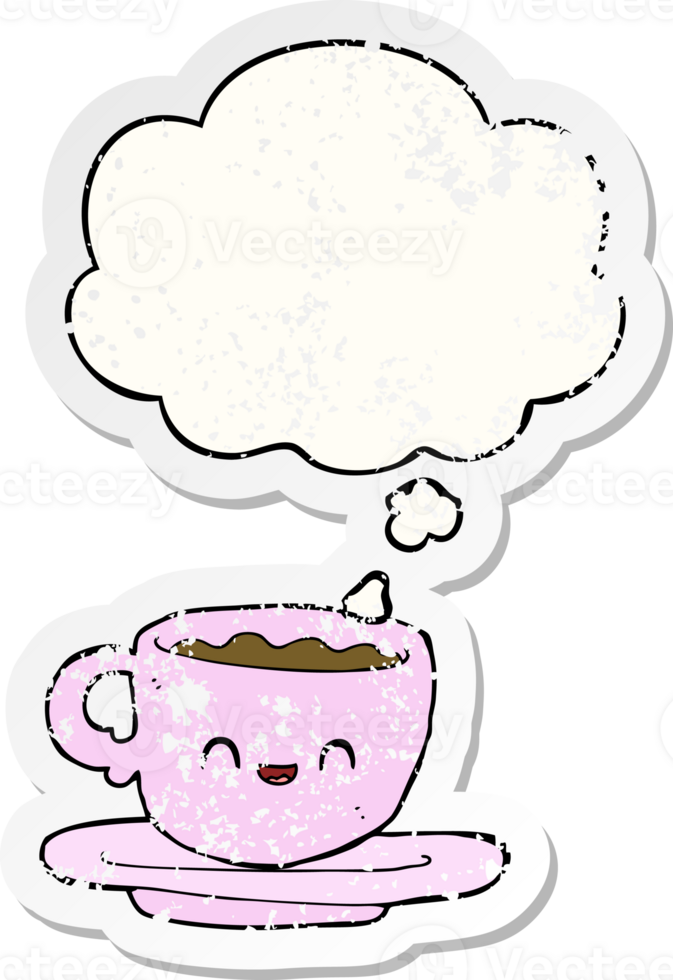 cartoon hot cup of coffee with thought bubble as a distressed worn sticker png