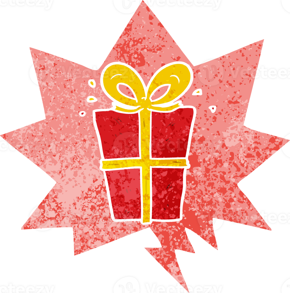 cartoon wrapped gift with speech bubble in grunge distressed retro textured style png