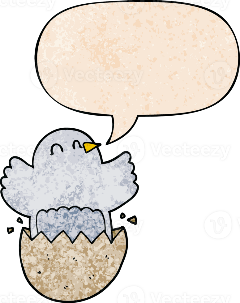 cartoon hatching chicken with speech bubble in retro texture style png
