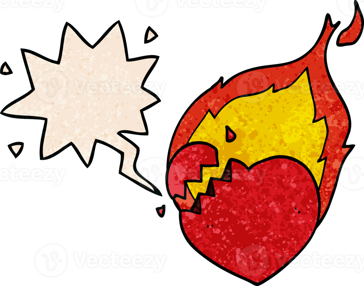 cartoon flaming heart with speech bubble in retro texture style png