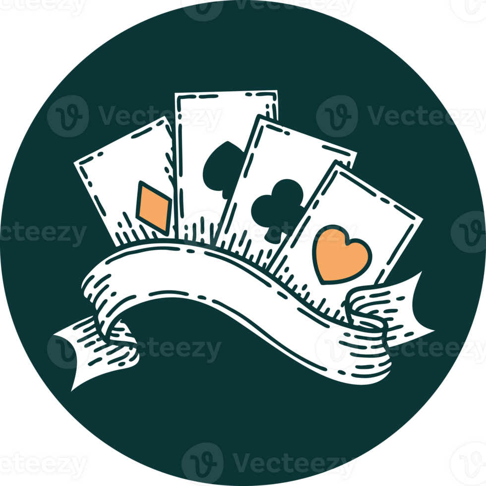 iconic tattoo style image of cards and banner png