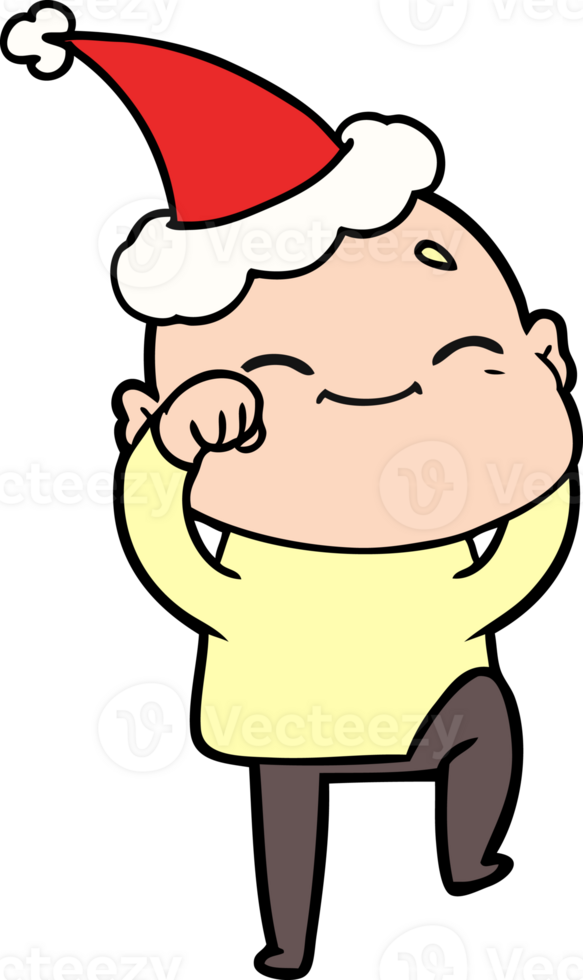happy hand drawn line drawing of a bald man wearing santa hat png