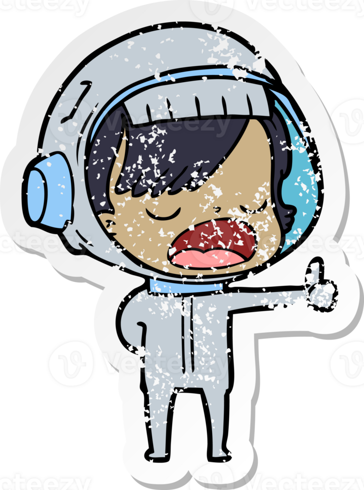 distressed sticker of a cartoon astronaut woman explaining png