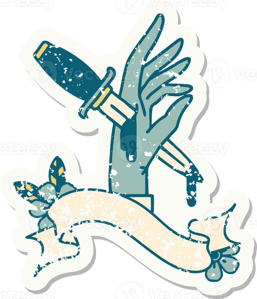 worn old sticker with banner of a dagger in the hand png