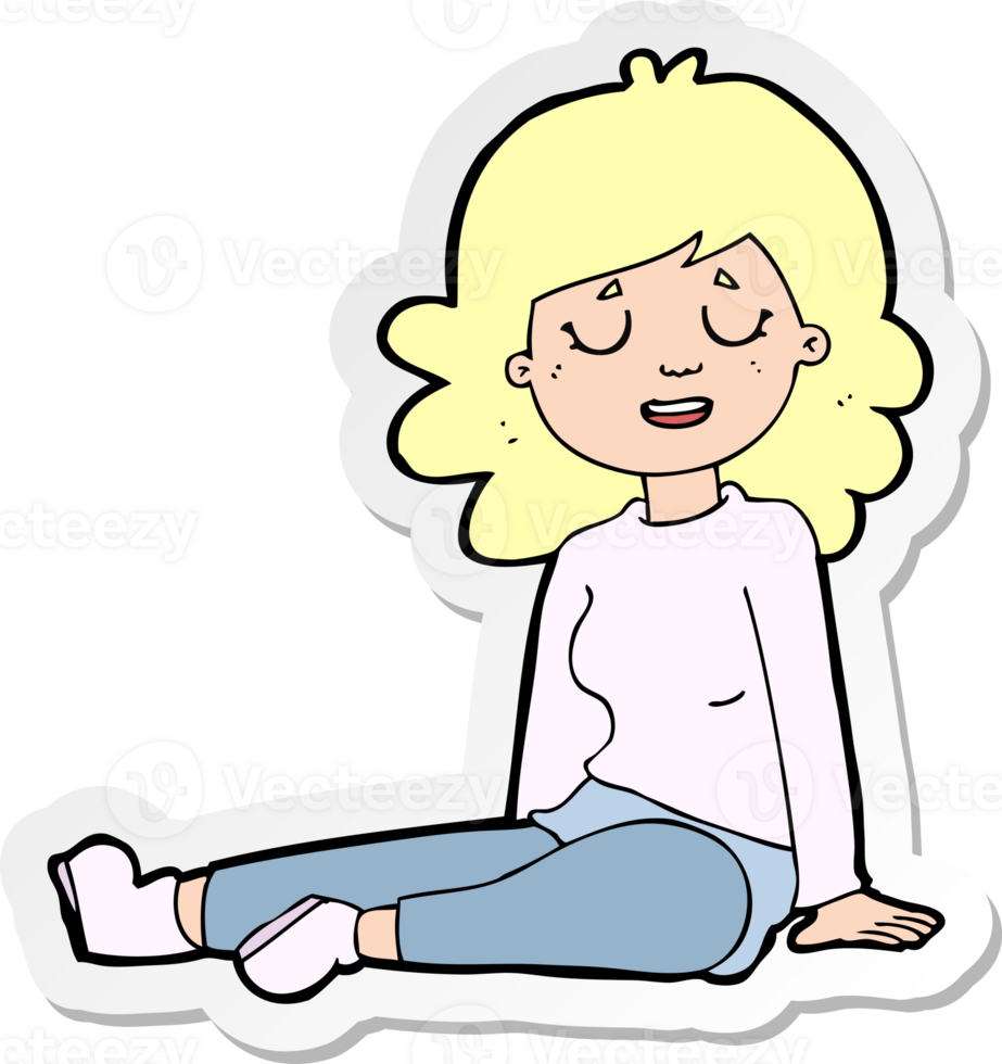 sticker of a cartoon happy woman sitting on floor png