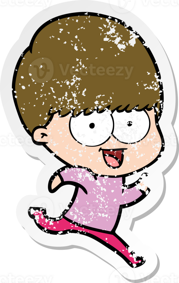 distressed sticker of a happy cartoon boy running png