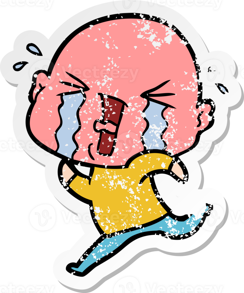distressed sticker of a cartoon crying bald man png