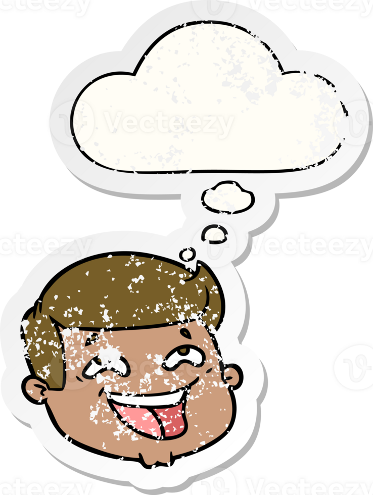 happy cartoon male face with thought bubble as a distressed worn sticker png