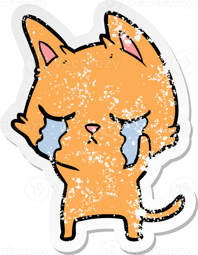distressed sticker of a crying cartoon cat png