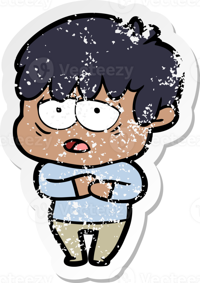 distressed sticker of a cartoon exhausted boy png