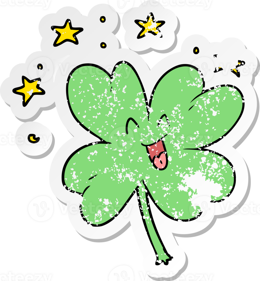 distressed sticker of a happy cartoon four leaf clover png