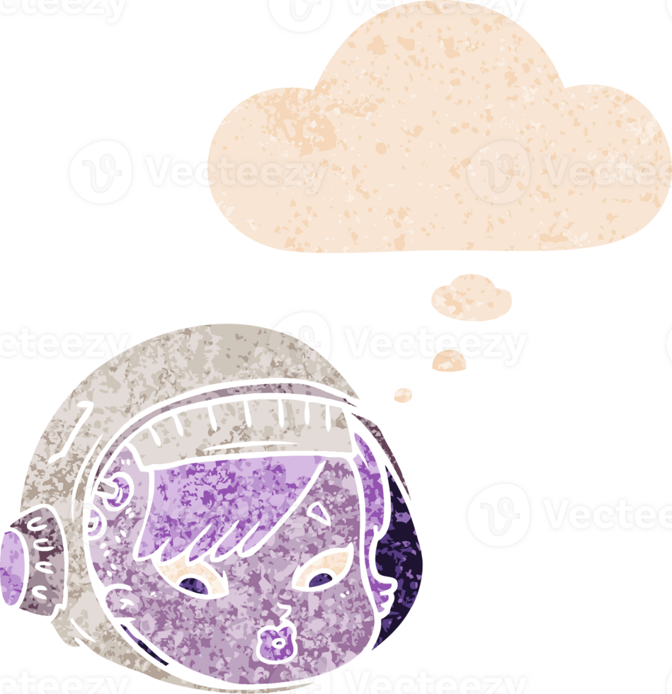 cartoon astronaut face with thought bubble in grunge distressed retro textured style png