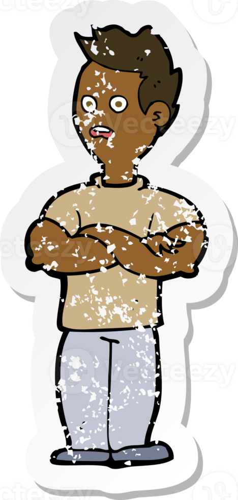 retro distressed sticker of a cartoon man with crossed arms png