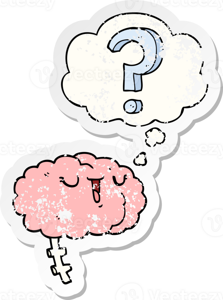 cartoon curious brain with thought bubble as a distressed worn sticker png