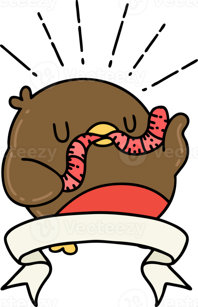 scroll banner with tattoo style robin with worm png