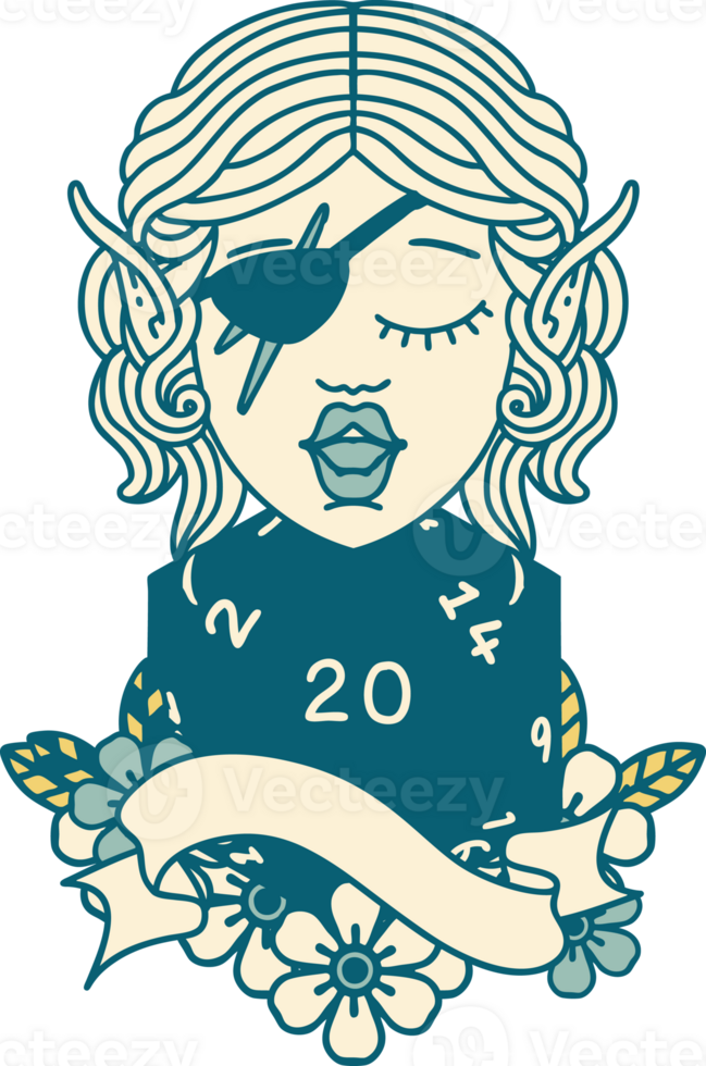 Retro Tattoo Style elf rogue character with natural twenty dice roll png