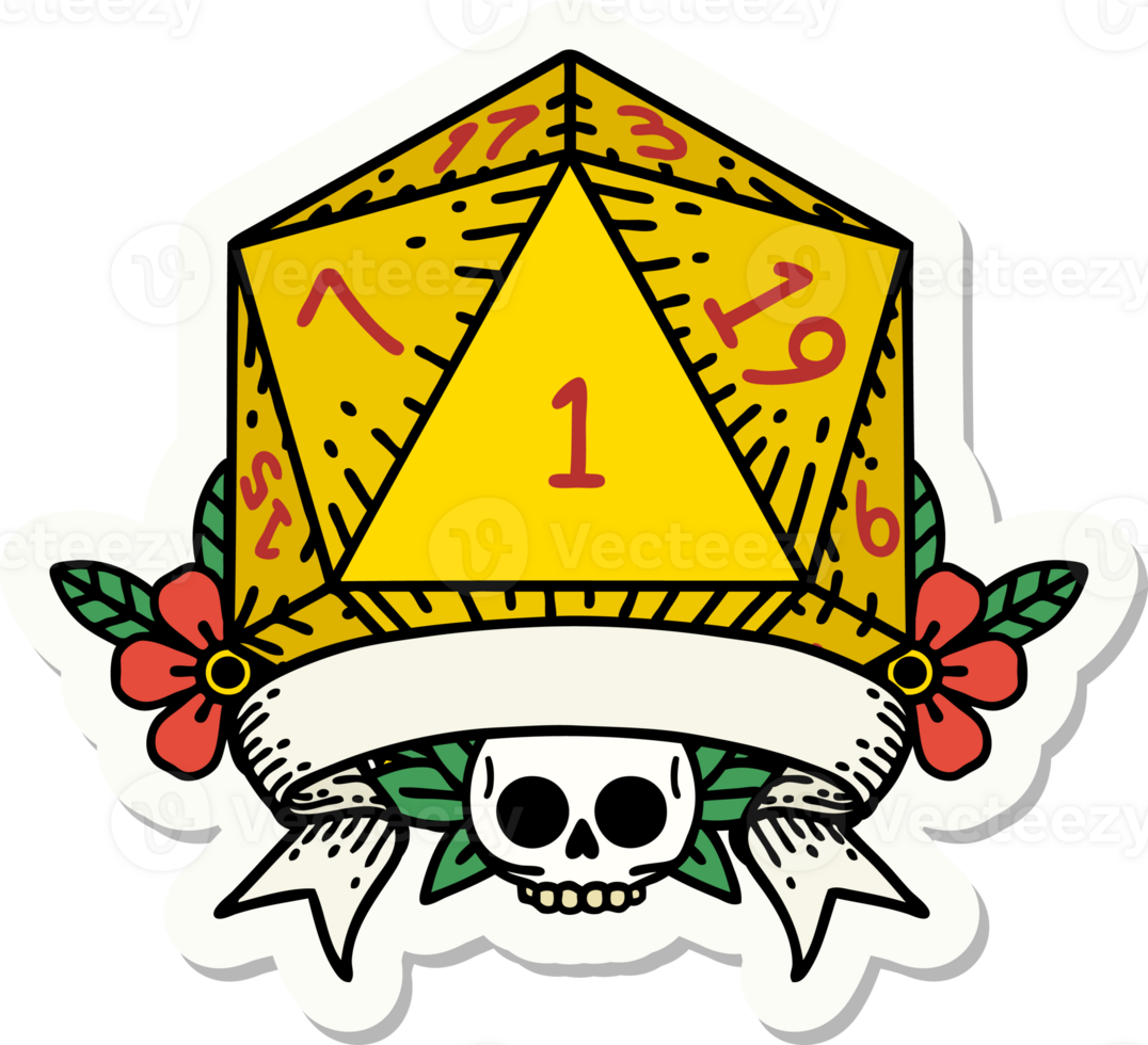 sticker of a natural one d20 dice roll png