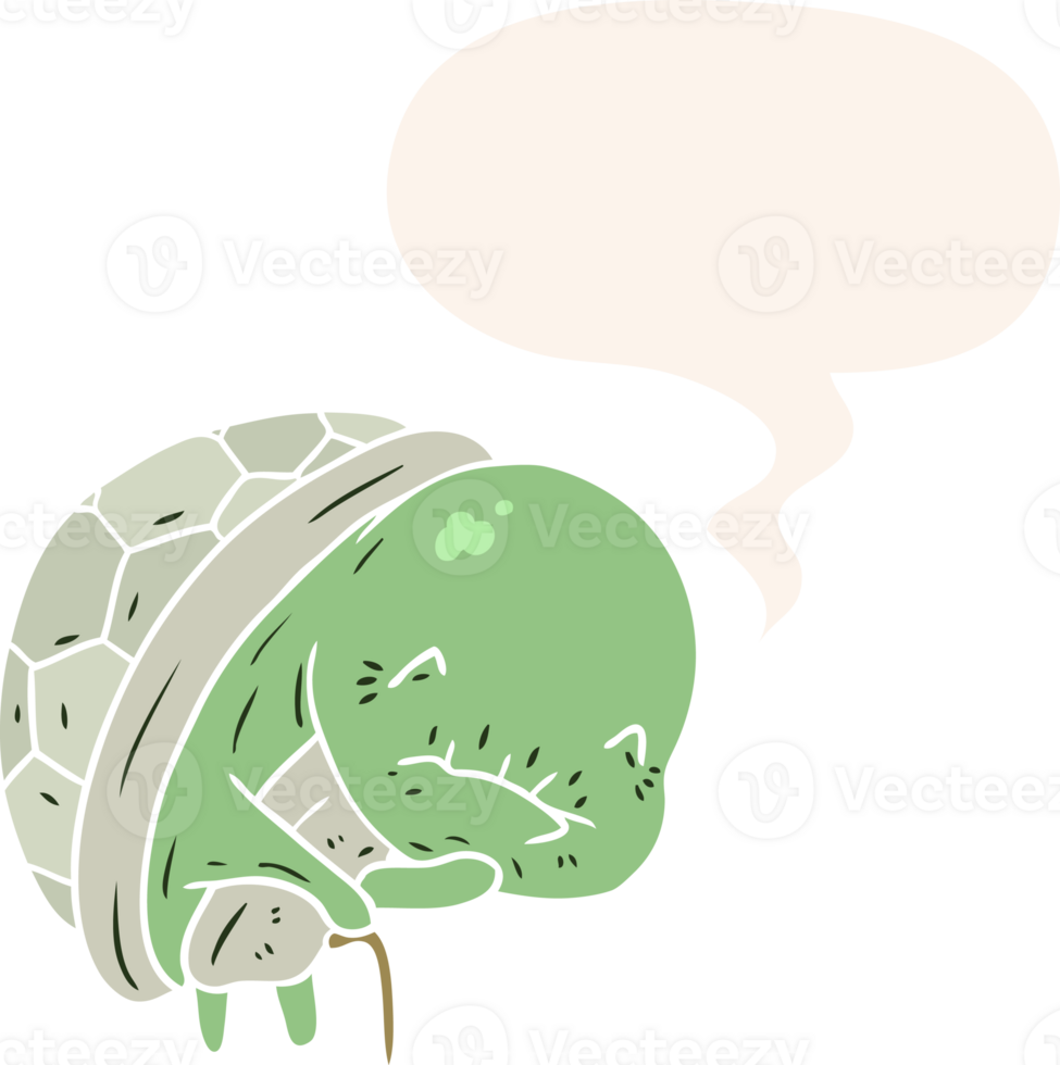 cute cartoon old turtle with walking stick with speech bubble in retro style png