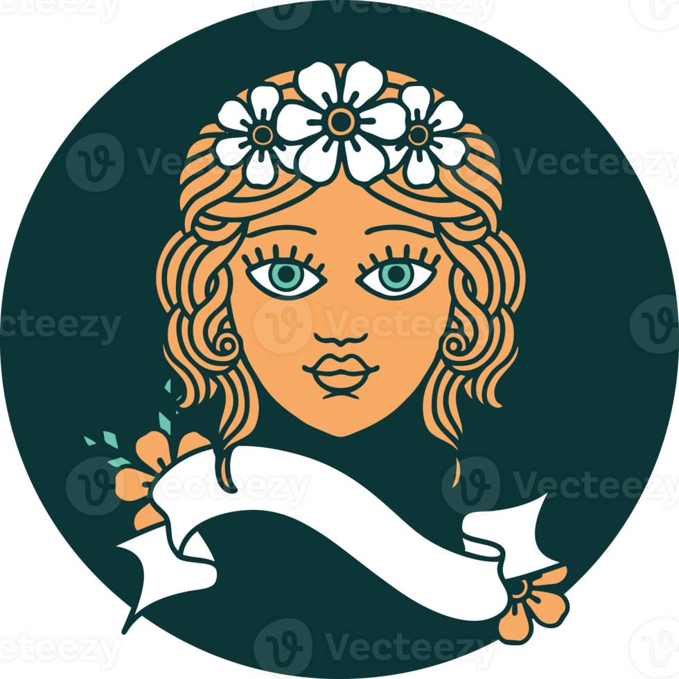 tattoo style icon with banner of female face with crown of flowers png
